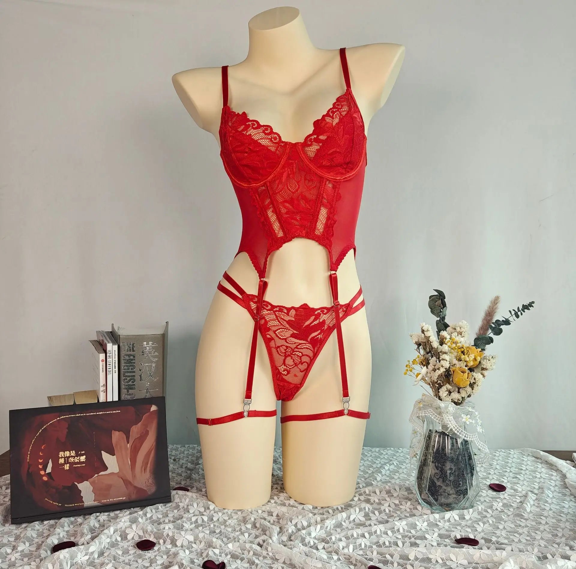 European and American sexy lingerie suit by SHOPEZRA L.L.C., featuring gauze fabric, embroidery, and a flirtatious thong design.