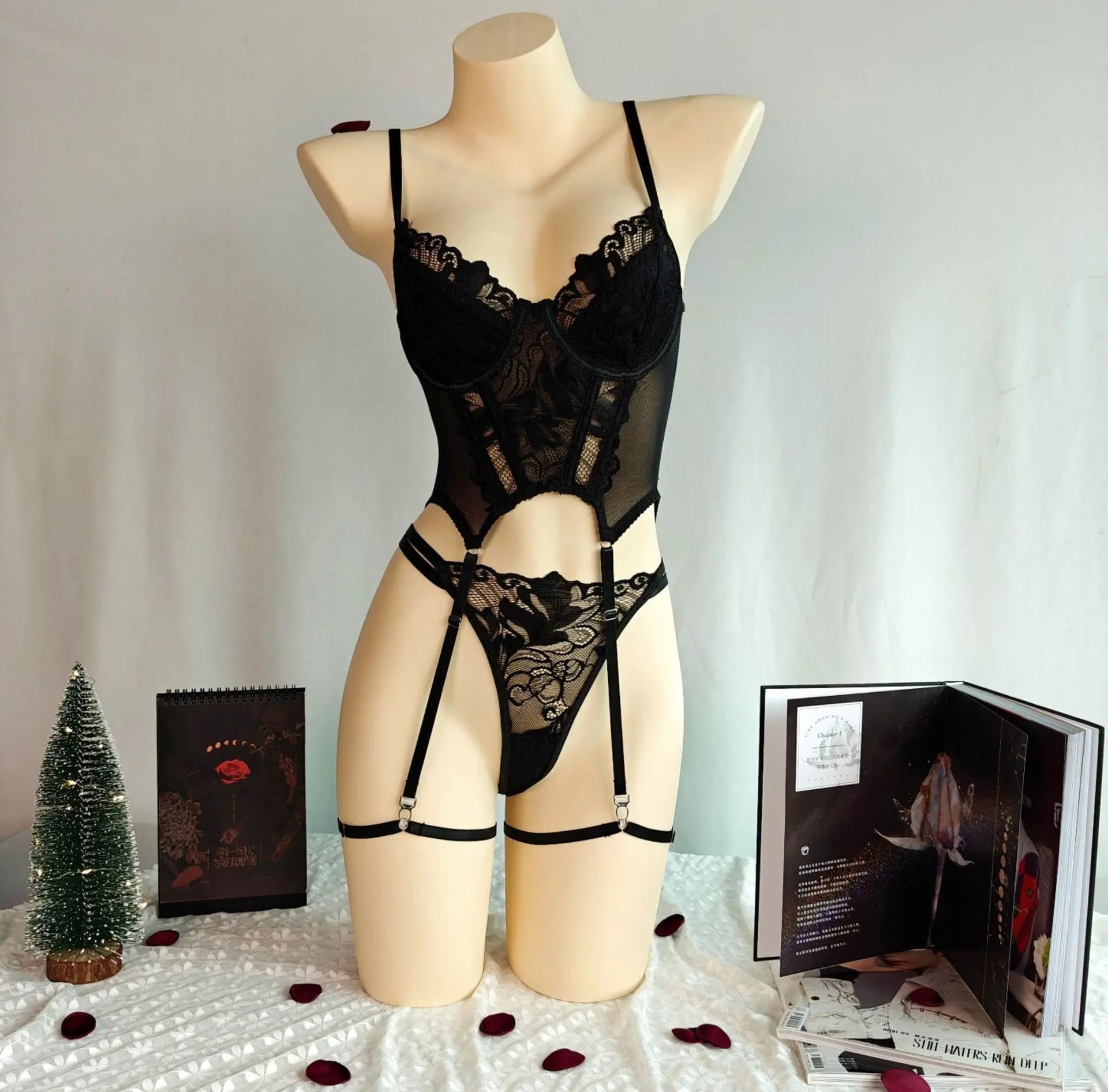 European and American sexy lingerie suit with gauze fabric, embroidery, and thong design, featuring flirt and temptation charm elements.