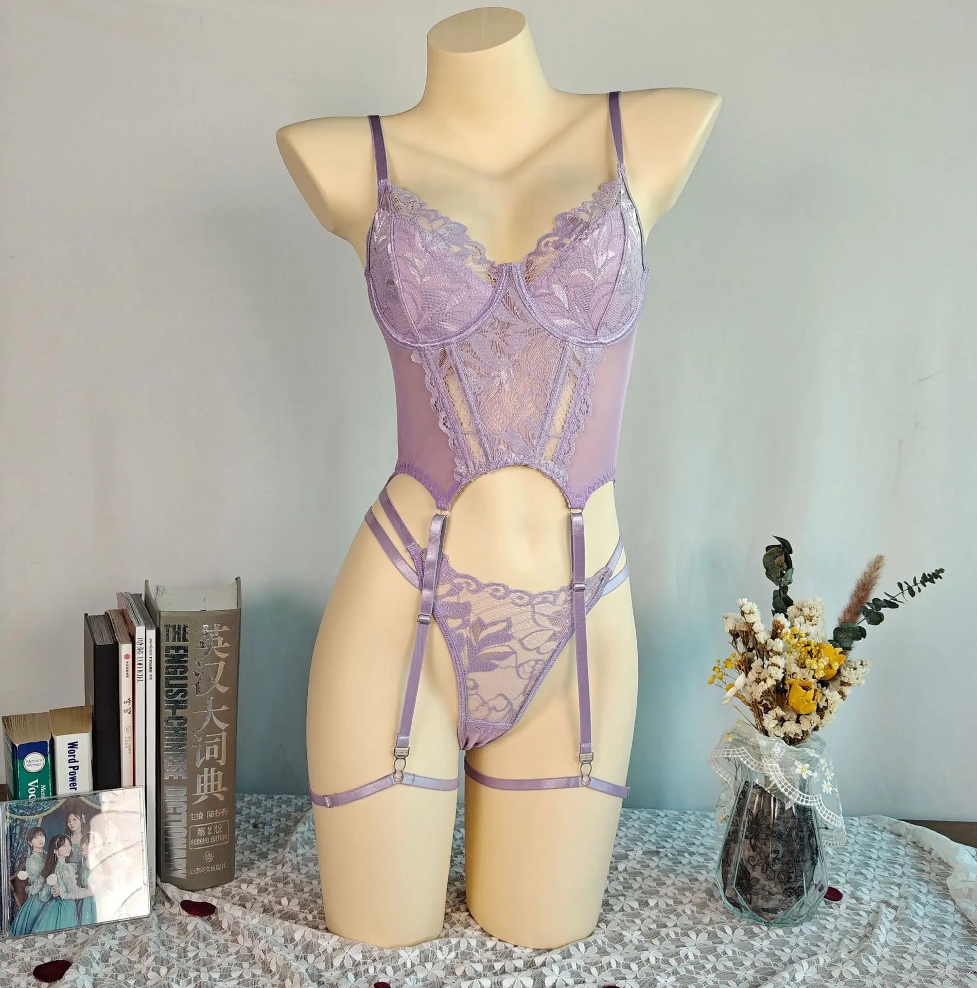 European and American sexy lingerie suit by SHOPEZRA L.L.C., featuring gauze fabric, embroidery, and flirtatious thong design.