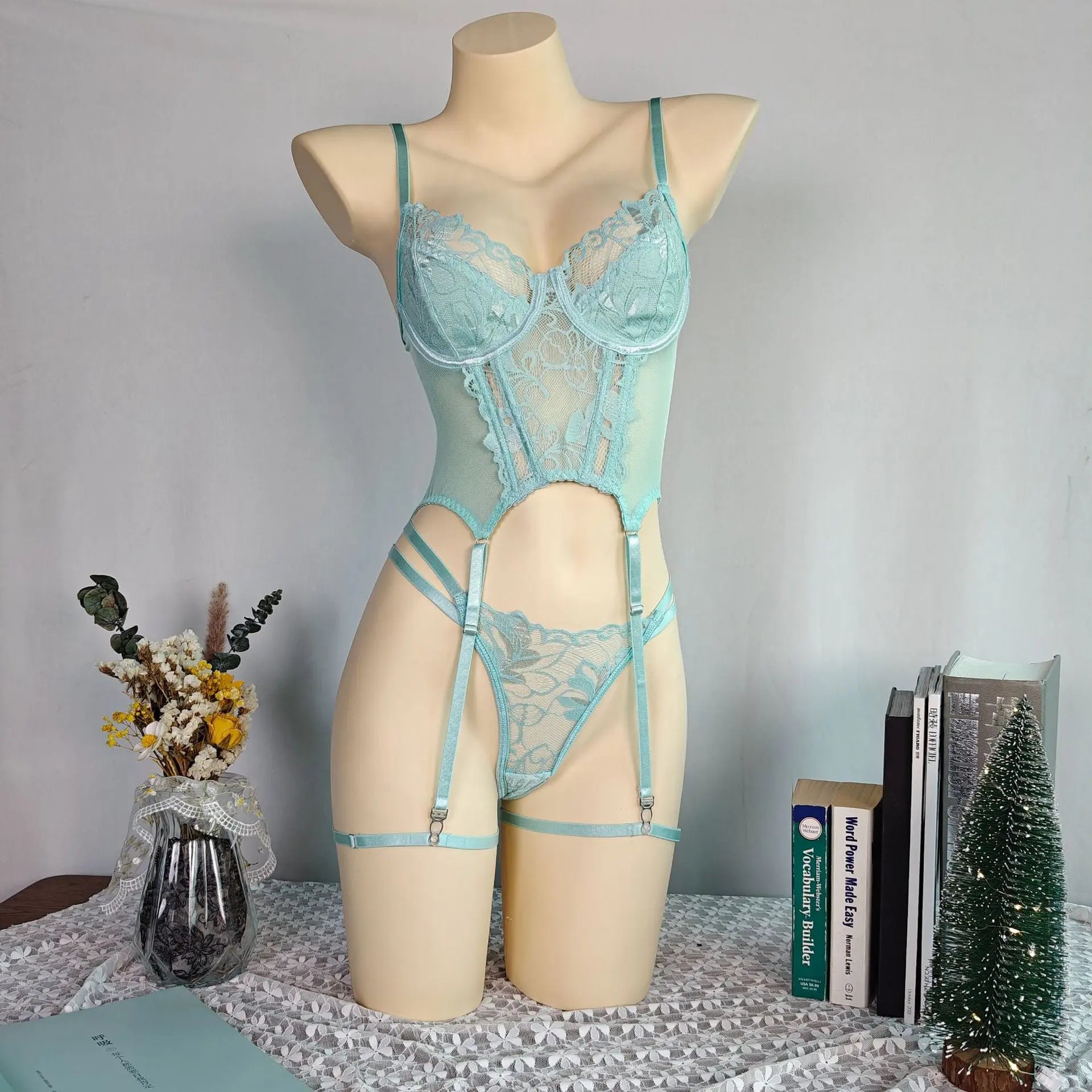 European and American sexy lingerie suit by SHOPEZRA L.L.C., featuring gauze fabric, embroidery, and a flirtatious thong design.