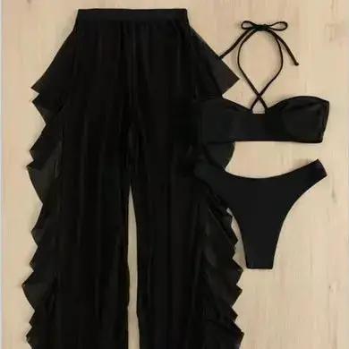 Mesh Solid Color Three-Piece Bikini Split Thong Sexy Swimsuit AliExpress Amazon European and American New by Dropshipman