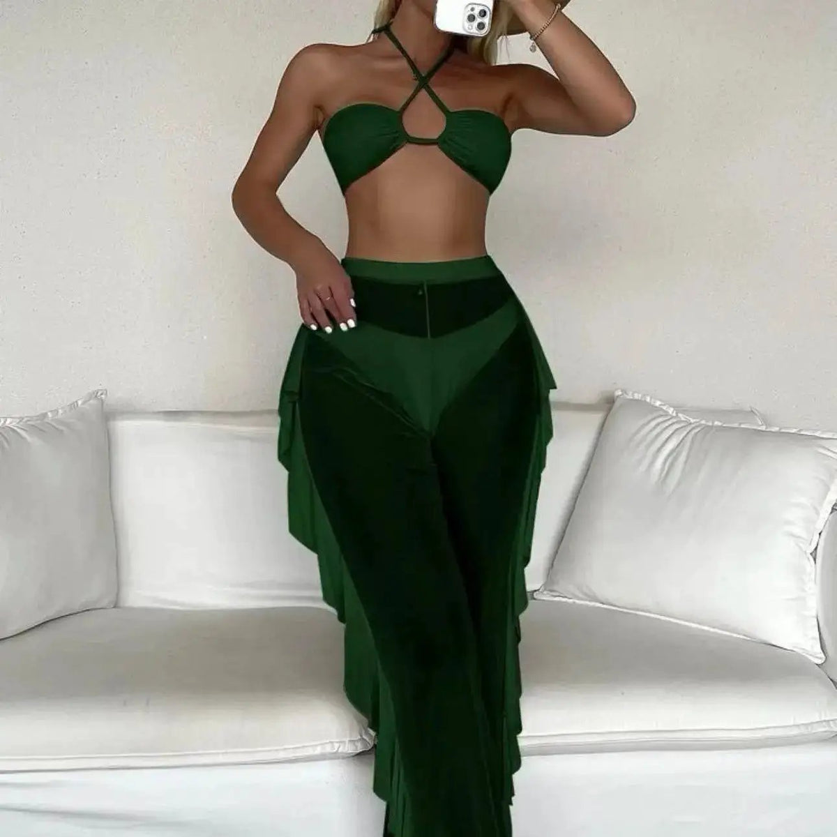 Mesh Solid Color Three-Piece Bikini Split Thong Sexy Swimsuit AliExpress Amazon European and American New by Dropshipman