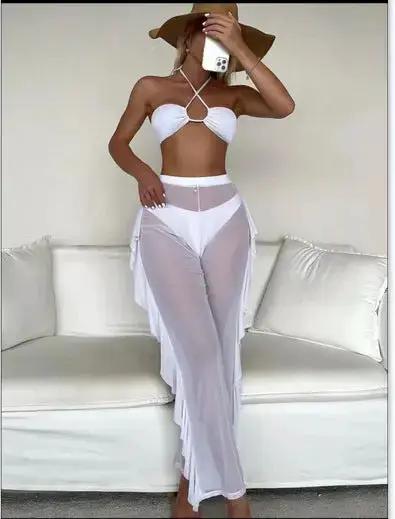 Mesh Solid Color Three-Piece Bikini Split Thong Sexy Swimsuit AliExpress Amazon European and American New by Dropshipman