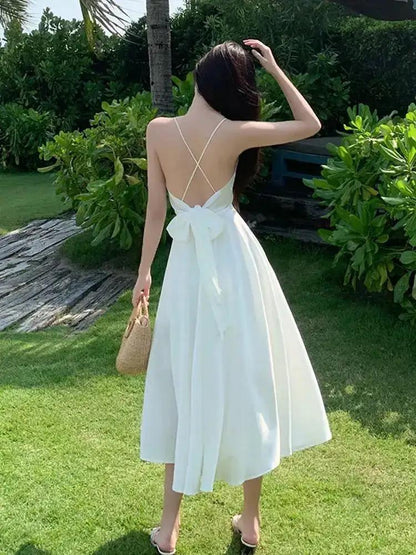 Sanya Travel Wear Internet Popular Sling Backless dress Summer Slim White Fairy Dress Seaside Holiday Beach Dress by Dropshipman