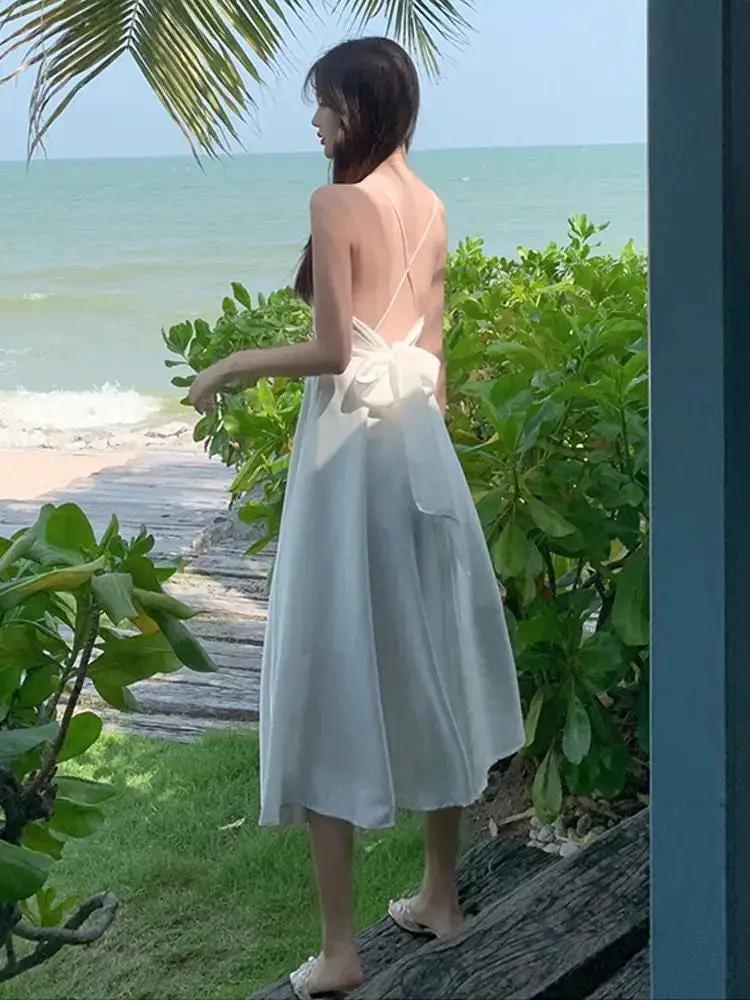 Sanya Travel Wear Internet Popular Sling Backless dress Summer Slim White Fairy Dress Seaside Holiday Beach Dress by Dropshipman