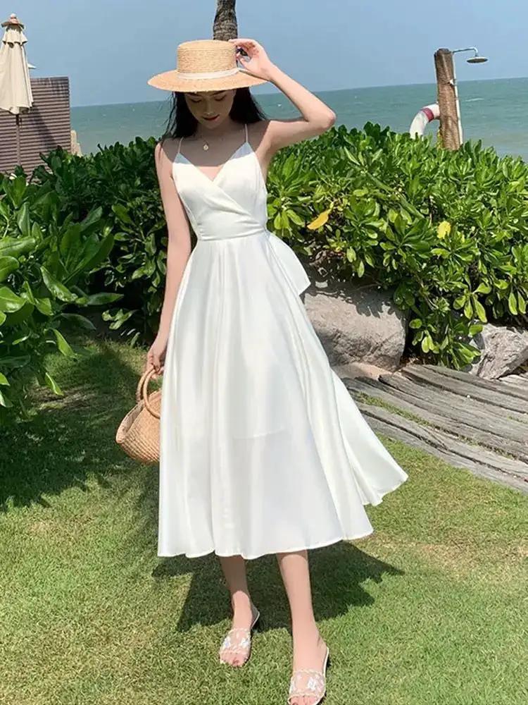 Sanya Travel Wear Internet Popular Sling Backless dress Summer Slim White Fairy Dress Seaside Holiday Beach Dress by Dropshipman
