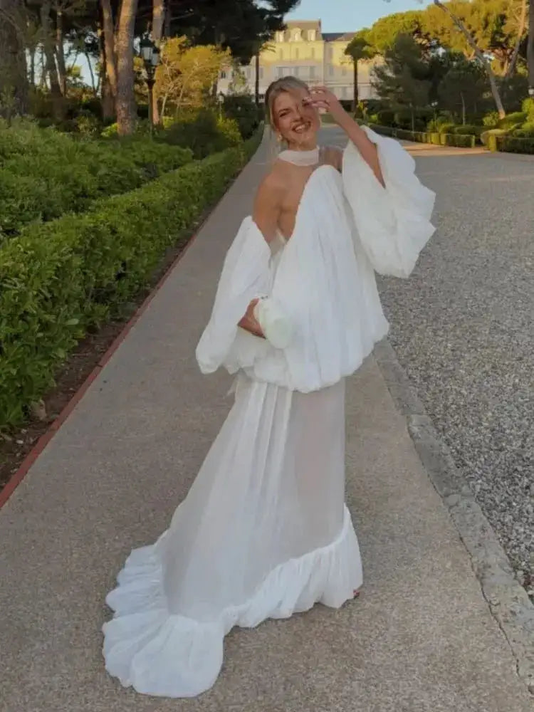 Trendy White Chiffon Off-shoulder Halter Maxi Dress Suit Chic Sheer Mesh Long Sleeve Flowy Vestidos 2026 New Formal Evening Gown by Dropshipman