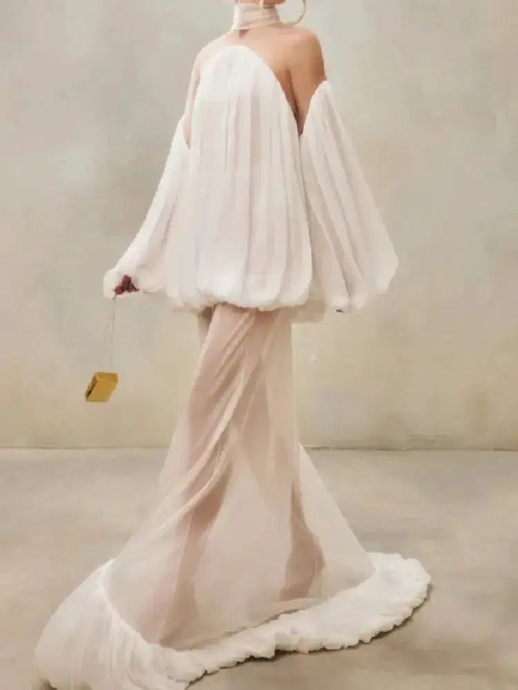 Trendy White Chiffon Off-shoulder Halter Maxi Dress Suit Chic Sheer Mesh Long Sleeve Flowy Vestidos 2026 New Formal Evening Gown by Dropshipman