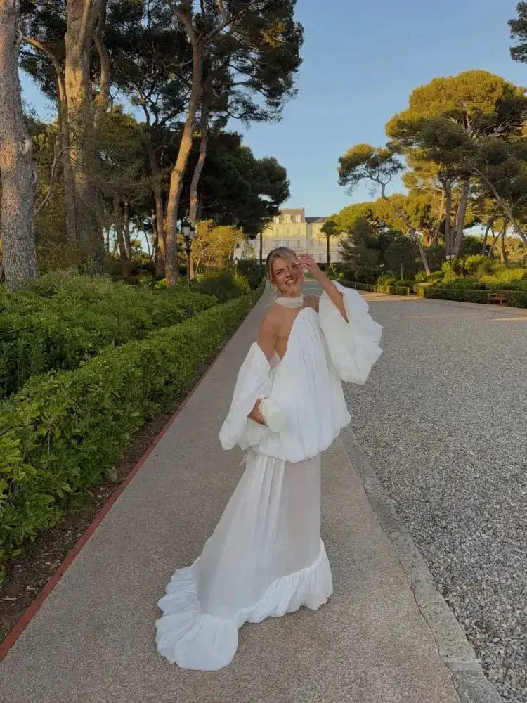 Trendy White Chiffon Off-shoulder Halter Maxi Dress Suit Chic Sheer Mesh Long Sleeve Flowy Vestidos 2026 New Formal Evening Gown by Dropshipman