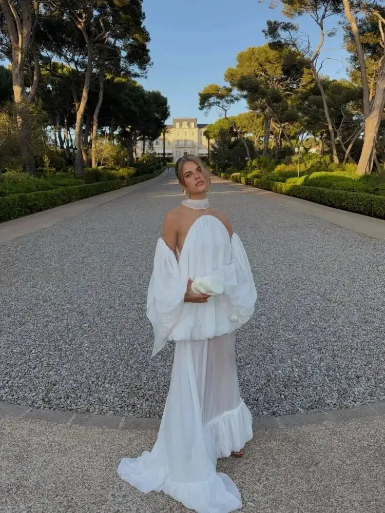 Trendy White Chiffon Off-shoulder Halter Maxi Dress Suit Chic Sheer Mesh Long Sleeve Flowy Vestidos 2026 New Formal Evening Gown by Dropshipman