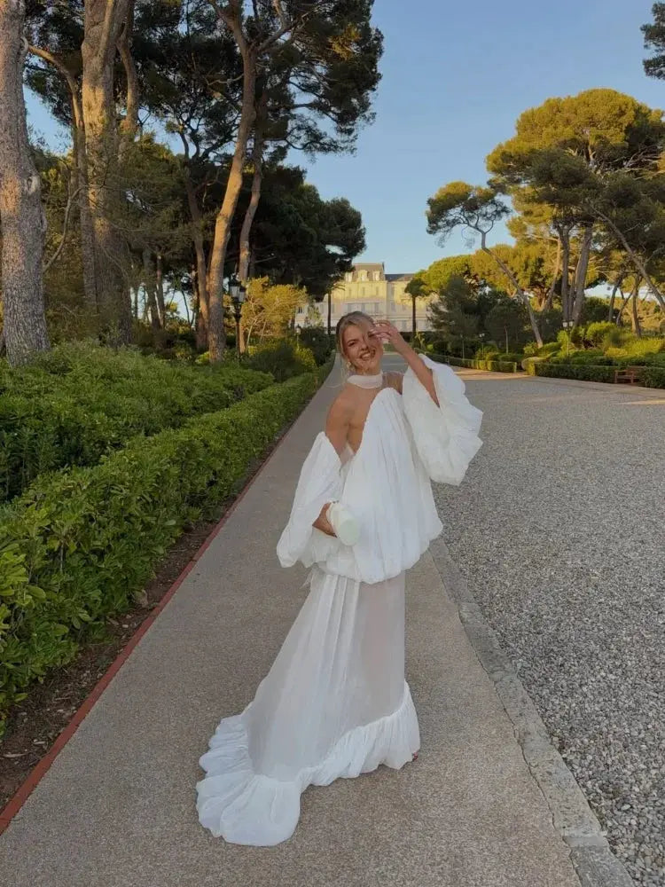 Trendy White Chiffon Off-shoulder Halter Maxi Dress Suit Chic Sheer Mesh Long Sleeve Flowy Vestidos 2026 New Formal Evening Gown SHOPEZRA L.L.C.