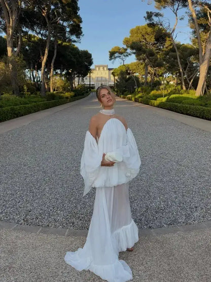 Trendy White Chiffon Off-shoulder Halter Maxi Dress Suit Chic Sheer Mesh Long Sleeve Flowy Vestidos 2026 New Formal Evening Gown by Dropshipman