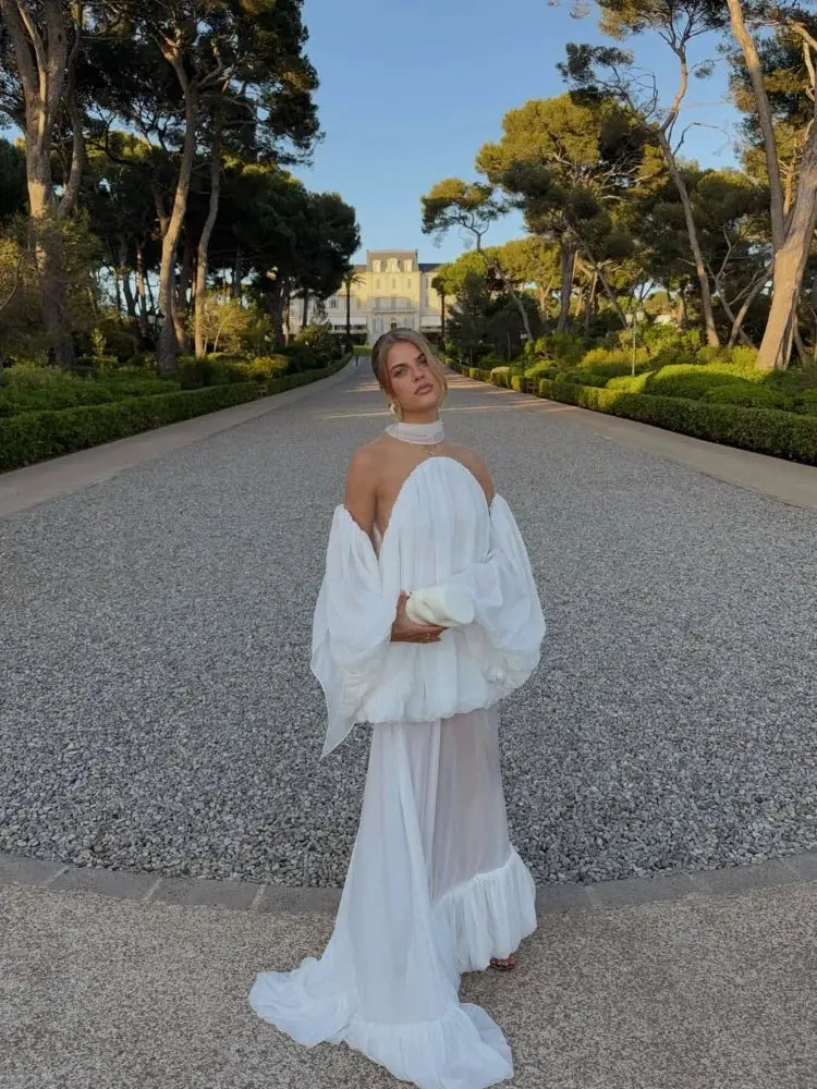 Trendy White Chiffon Off-shoulder Halter Maxi Dress Suit Chic Sheer Mesh Long Sleeve Flowy Vestidos 2026 New Formal Evening Gown SHOPEZRA L.L.C.