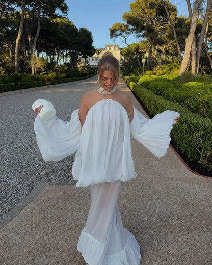 Trendy White Chiffon Off-shoulder Halter Maxi Dress Suit Chic Sheer Mesh Long Sleeve Flowy Vestidos 2026 New Formal Evening Gown SHOPEZRA L.L.C.