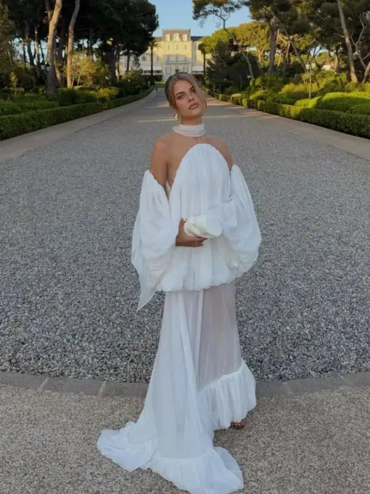 Trendy White Chiffon Off-shoulder Halter Maxi Dress Suit Chic Sheer Mesh Long Sleeve Flowy Vestidos 2026 New Formal Evening Gown by Dropshipman
