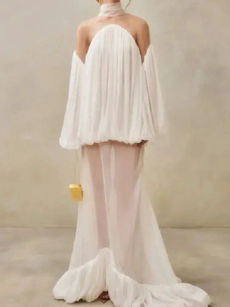Trendy White Chiffon Off-shoulder Halter Maxi Dress Suit Chic Sheer Mesh Long Sleeve Flowy Vestidos 2026 New Formal Evening Gown by Dropshipman
