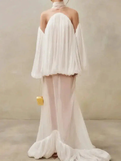 Trendy White Chiffon Off-shoulder Halter Maxi Dress Suit Chic Sheer Mesh Long Sleeve Flowy Vestidos 2026 New Formal Evening Gown by Dropshipman