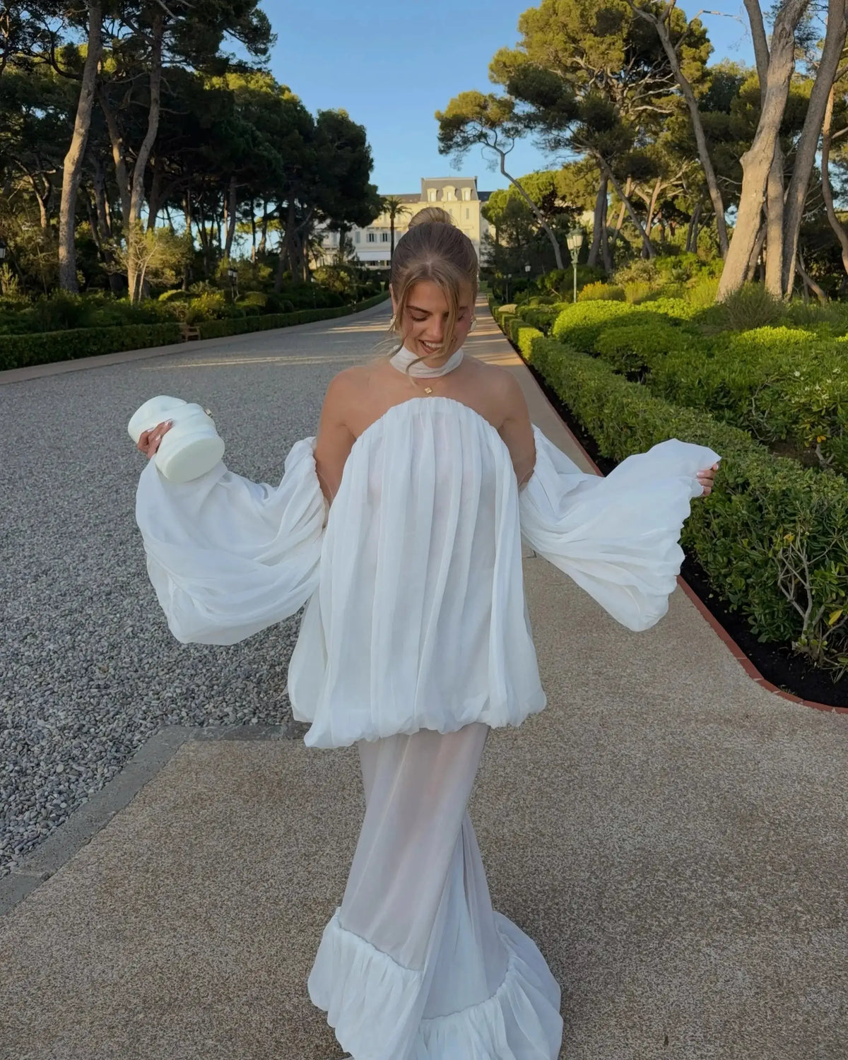 Trendy White Chiffon Off-shoulder Halter Maxi Dress Suit Chic Sheer Mesh Long Sleeve Flowy Vestidos 2026 New Formal Evening Gown by Dropshipman