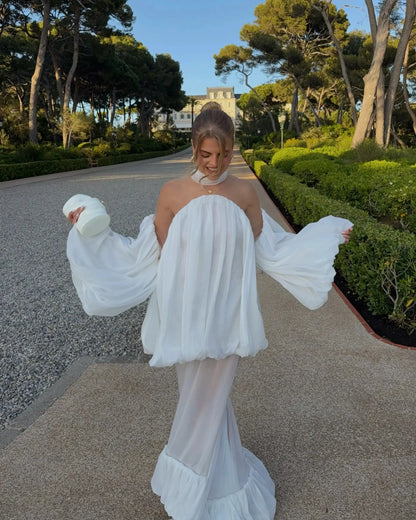 Trendy White Chiffon Off-shoulder Halter Maxi Dress Suit Chic Sheer Mesh Long Sleeve Flowy Vestidos 2026 New Formal Evening Gown by Dropshipman