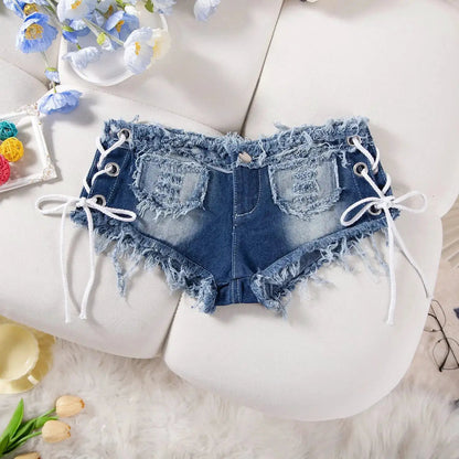 Sexy American Hot Girl Retro Low Waist Denim Shorts Women&