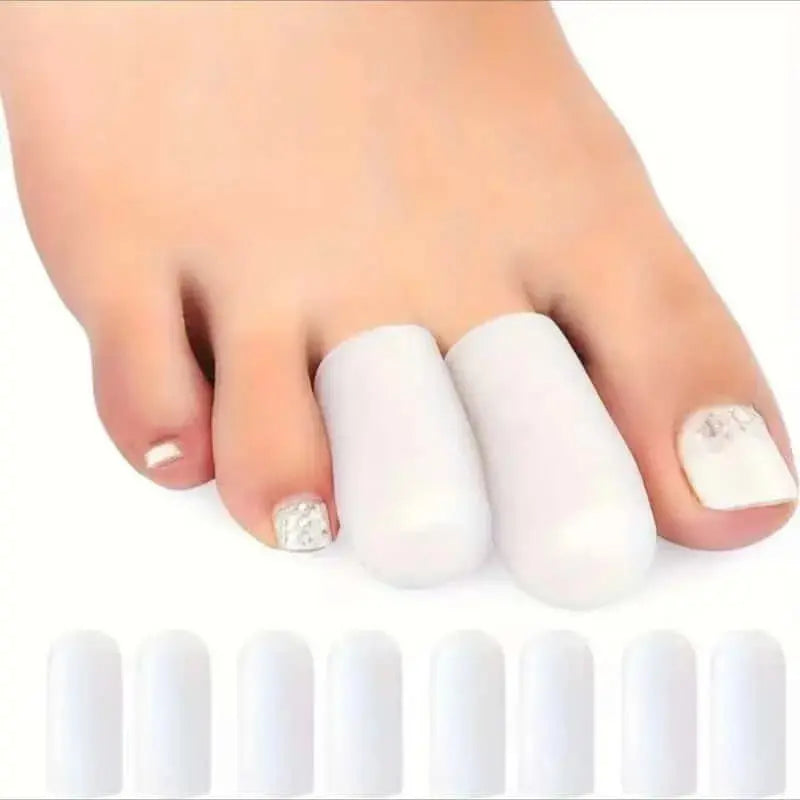 Pair of breathable silicone toe caps for big toes, designed to reduce calluses and blisters, with a slip-on, comfortable fit.