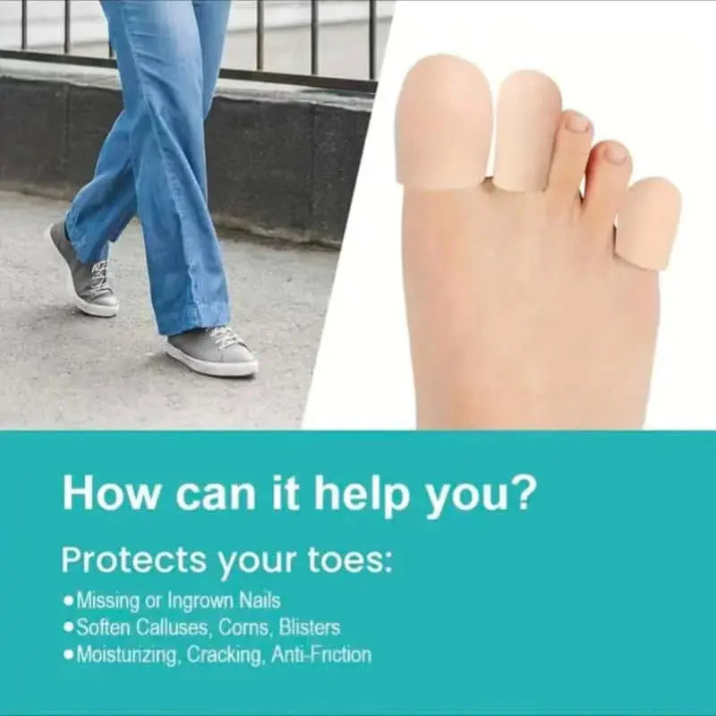 Pair of breathable silicone toe caps for big toes, reduces calluses and blisters, designed for comfort and durability during walking.