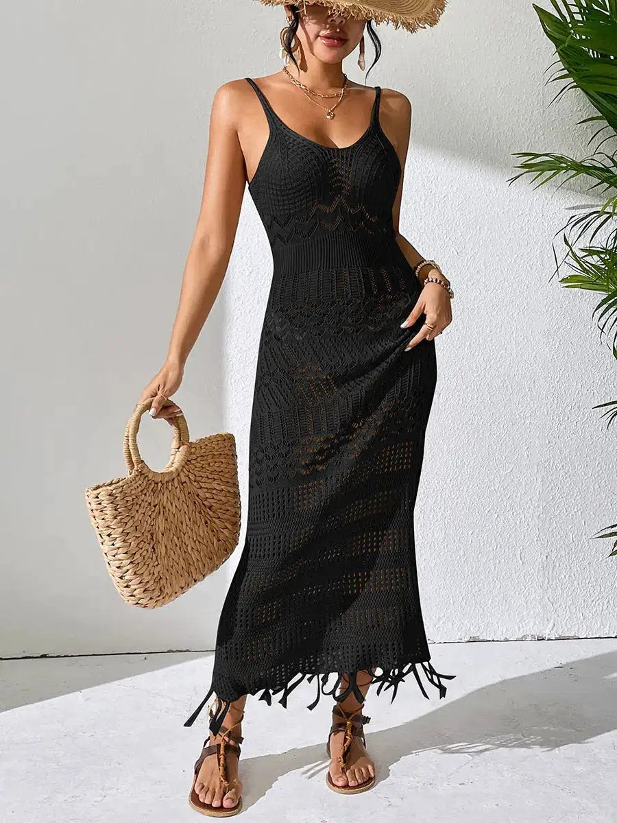 Cross-border European and American Sexy Hollow Strap Long Dress Slim-fit Tassel Beach Dress Sleeveless Knitted V-neck Strap Dress by Dropshipman