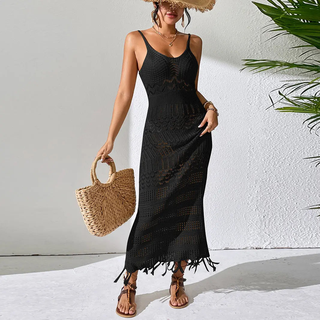 White sexy hollow strap long dress by SHOPEZRA L.L.C., sleeveless, slim-fit knitted beach dress with tassel and V-neck detail.