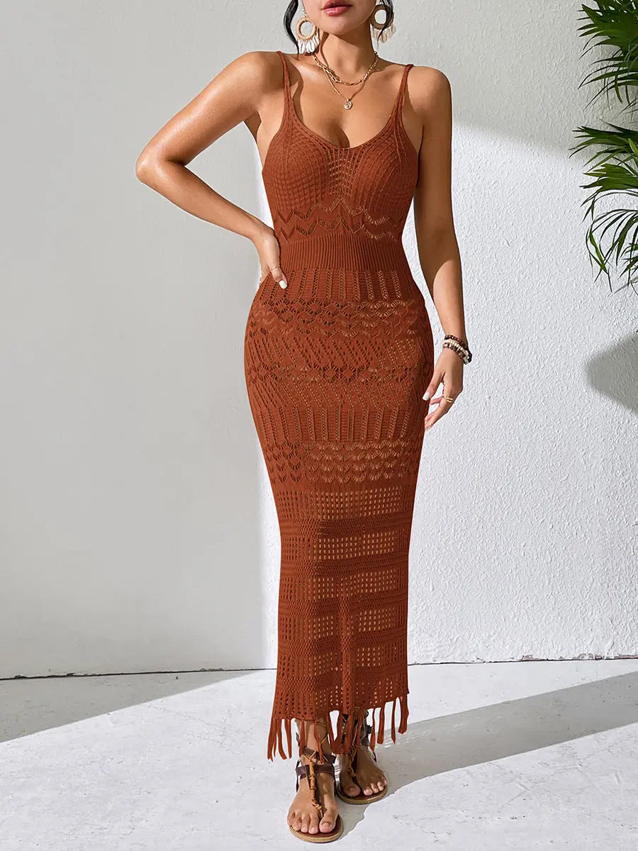 White sexy hollow strap long dress by SHOPEZRA L.L.C., sleeveless, V-neck, slim-fit beach dress with tassels and knitted details.