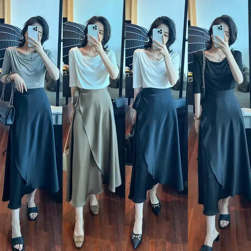 2024 Summer New Fashion Elegant All-match Slim Shoulder Half-sleeve T-shirt Draped Double Split Umbrella Skirt Two-piece Set by Dropshipman