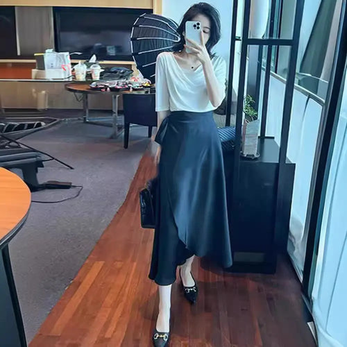 White summer two-piece set with slim shoulder half-sleeve T-shirt and draped umbrella skirt from SHOPEZRA L.L.C., stylish and elegant.