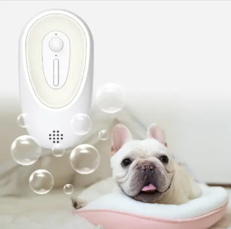Pet odor eliminator for litter boxes with a cute dog in a relaxing environment.