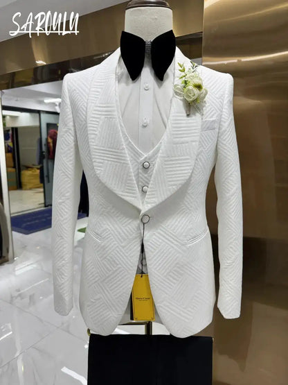 Patterned Elegant White Man Suit Jacket Vest Pants Fashionable 3-pieces Shawl Lapel Groom Wear Modern Glam Tuxedo Chic Set by Dropshipman