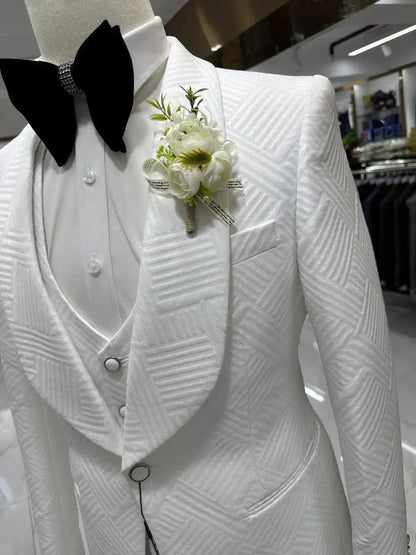 Patterned Elegant White Man Suit Jacket Vest Pants Fashionable 3-pieces Shawl Lapel Groom Wear Modern Glam Tuxedo Chic Set by Dropshipman