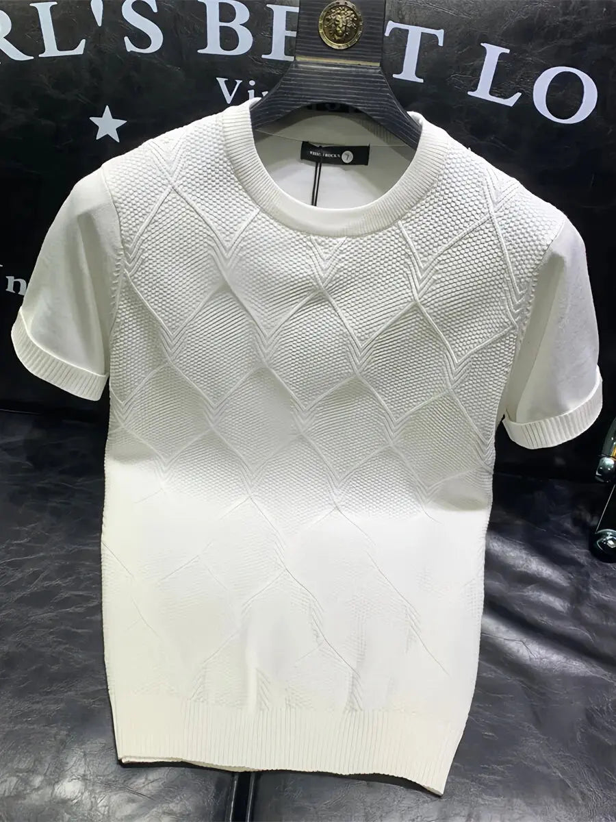 White 2024 summer knitted T-shirt by SHOPEZRA L.L.C., short sleeve, solid color, versatile Korean fashion top for business or casual wear.