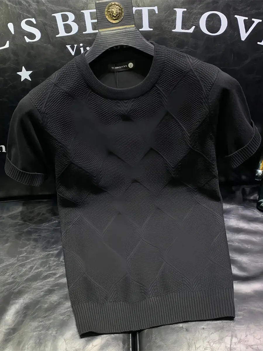 White 2024 summer knitted T-shirt by SHOPEZRA L.L.C. with short sleeves, solid color, versatile Korean fashion top for men.