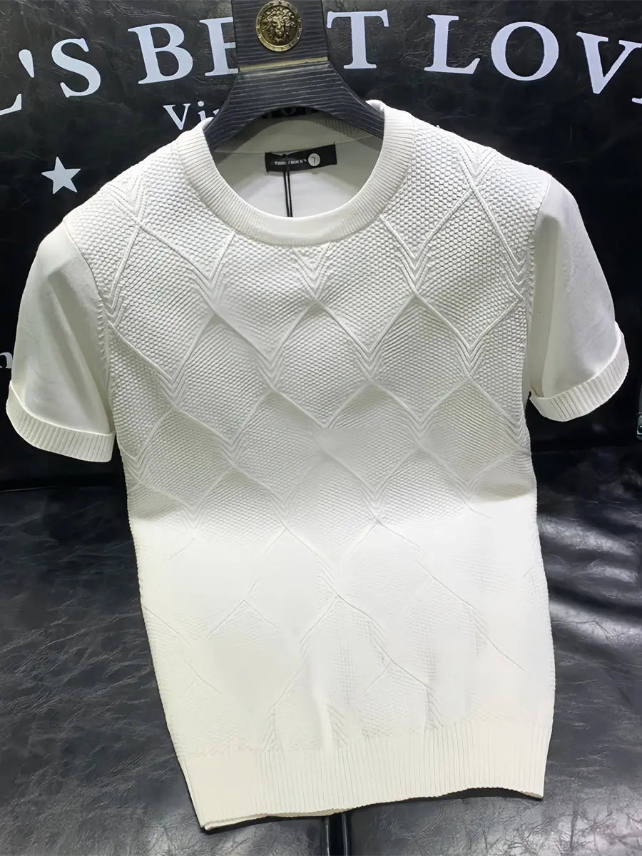 White 2024 summer knitted T-shirt by SHOPEZRA L.L.C. with short sleeves, solid color, casual and trendy Korean fashion top.