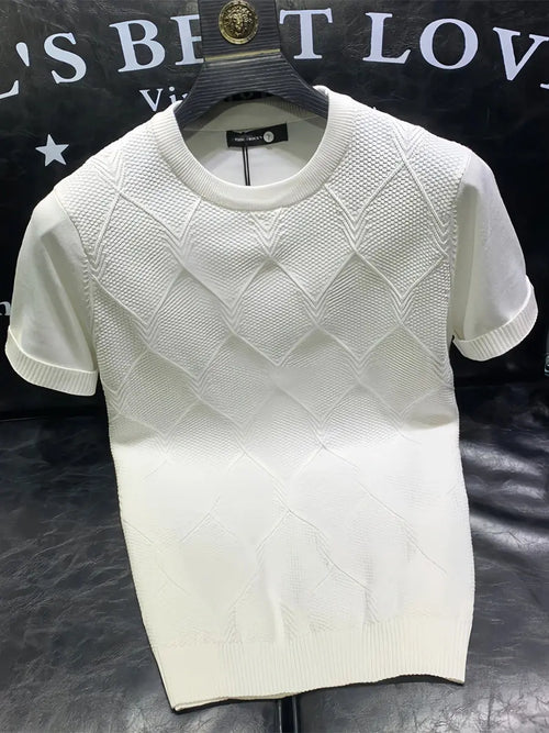 White 2024 summer knitted T-shirt by SHOPEZRA L.L.C. with short sleeves, solid color, casual and trendy Korean fashion top.