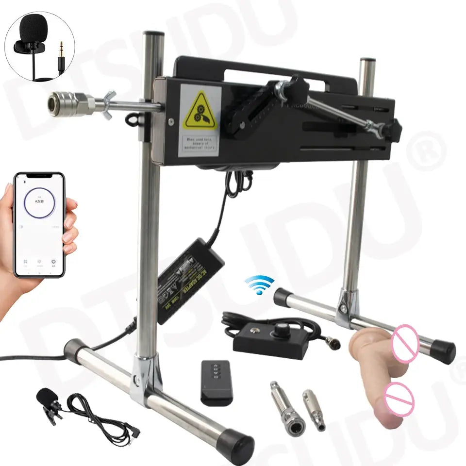 SHOPEZRA L.L.C. automatic dildo machine with adjustable length, compact size, silent operation, designed for adult couples' pleasure.
