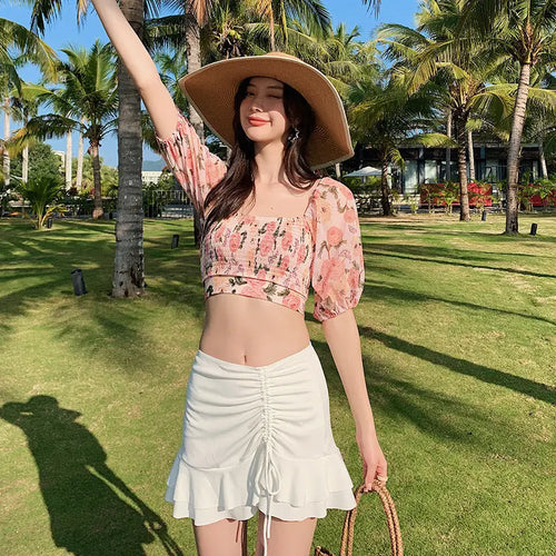 Women's three-piece swimwear set with tummy coverage and push-up design, ideal for small busts, Korean style for hot springs.