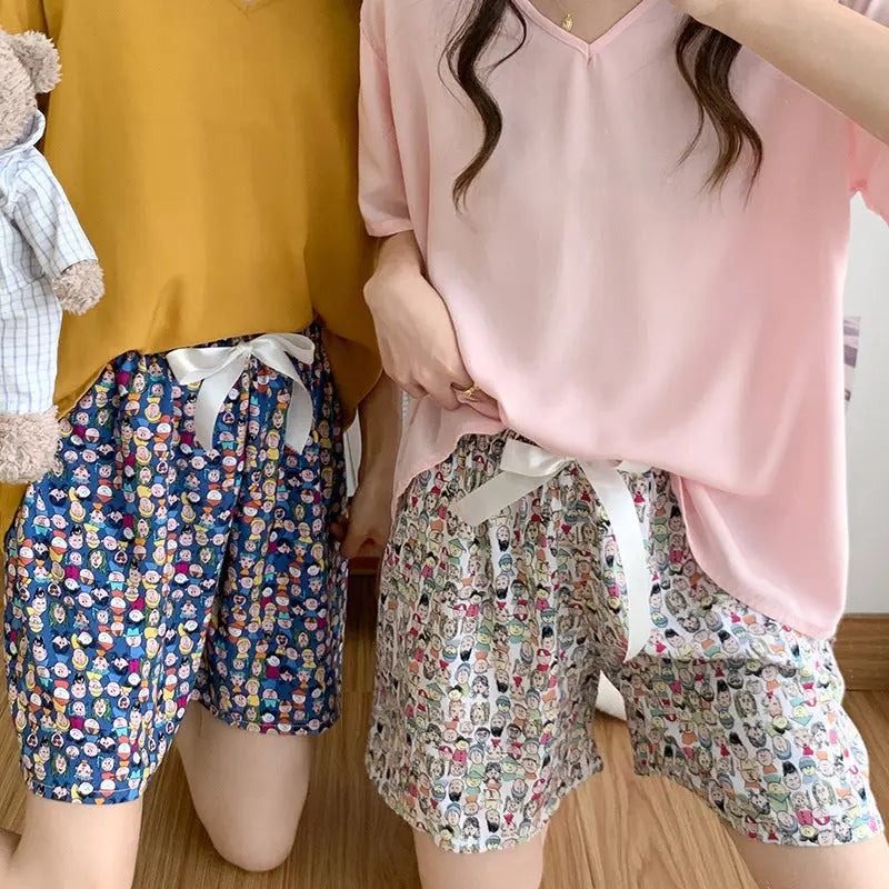 Blue and green cotton silk sleep shorts for women, trendy Japanese style, lightweight, cute home wear, suitable for outdoor summer use.