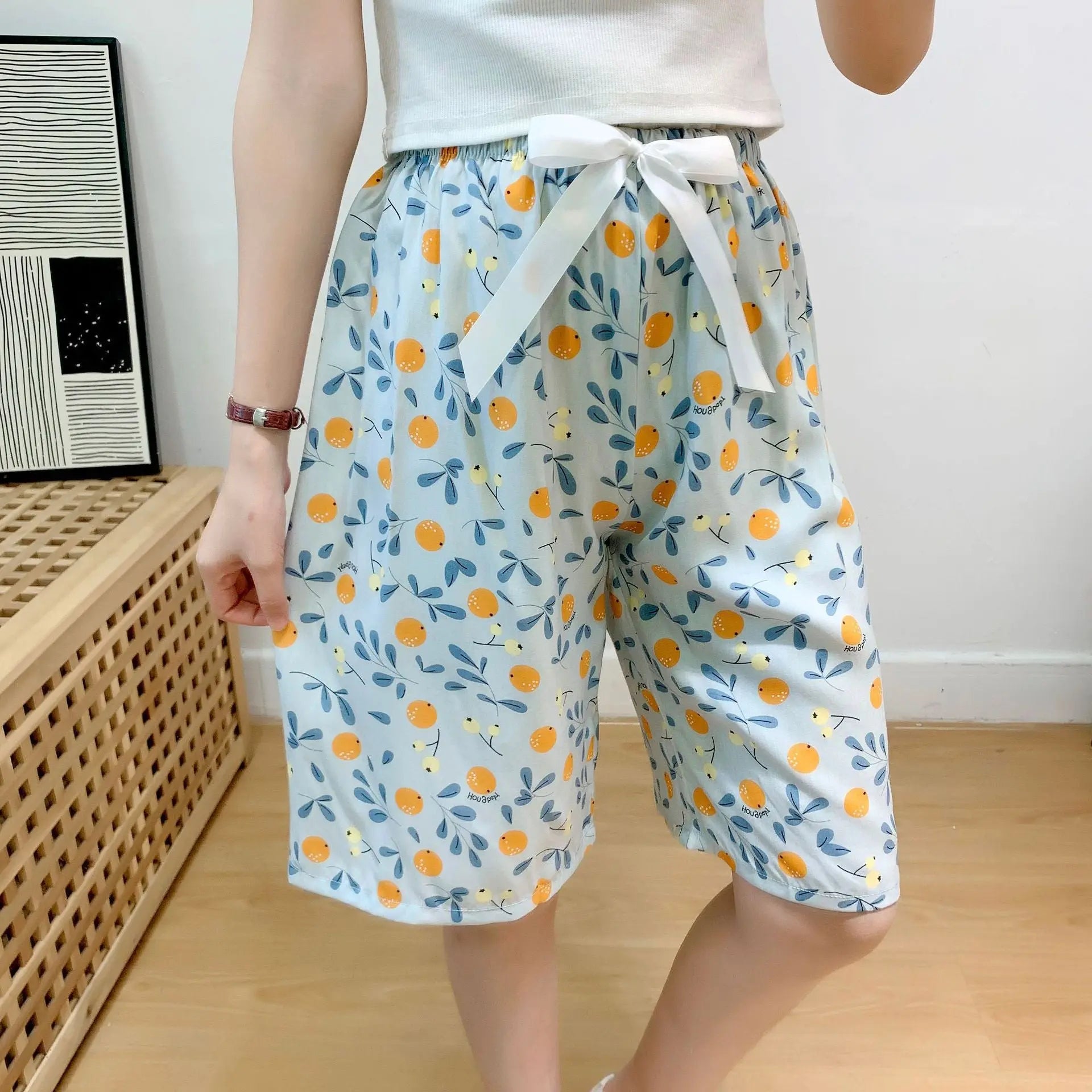 Blue and green cotton silk sleep shorts for women, trendy Japanese style, lightweight, suitable for home or outdoor wear.