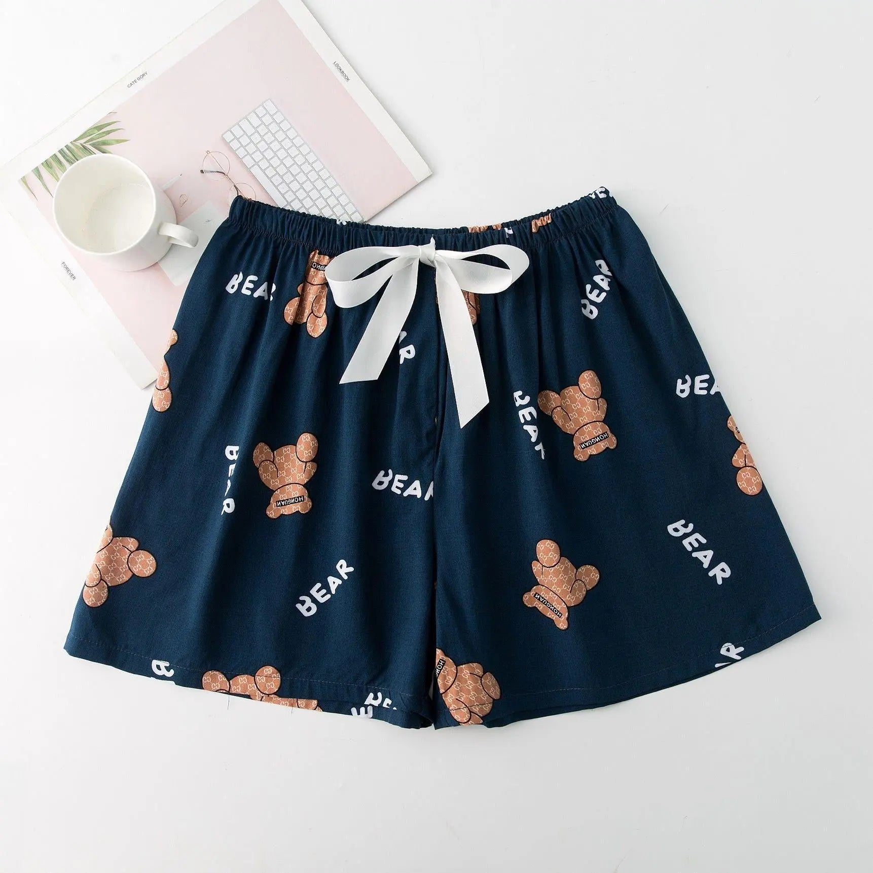 Blue and green cotton silk sleep shorts for women, trendy Japanese style, lightweight, cute home wear suitable for warm summer days.
