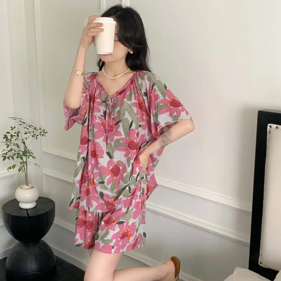 Blue and green cotton silk sleep shorts for women, trendy Japanese style, lightweight, can be worn outside, cute home wear by SHOPEZRA L.L.C.