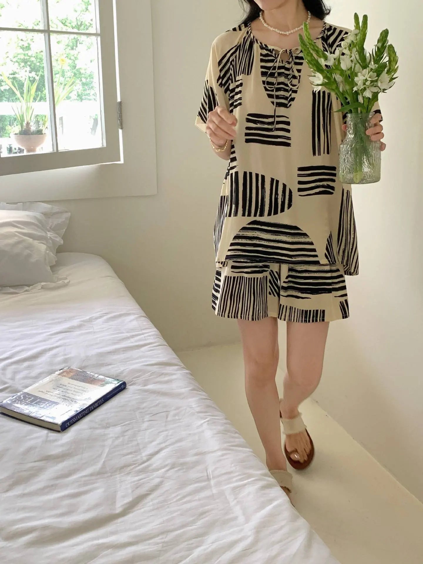 Blue and green fruit-patterned cotton silk sleep shorts for women, trendy Japanese style, lightweight, suitable for home or casual wear.
