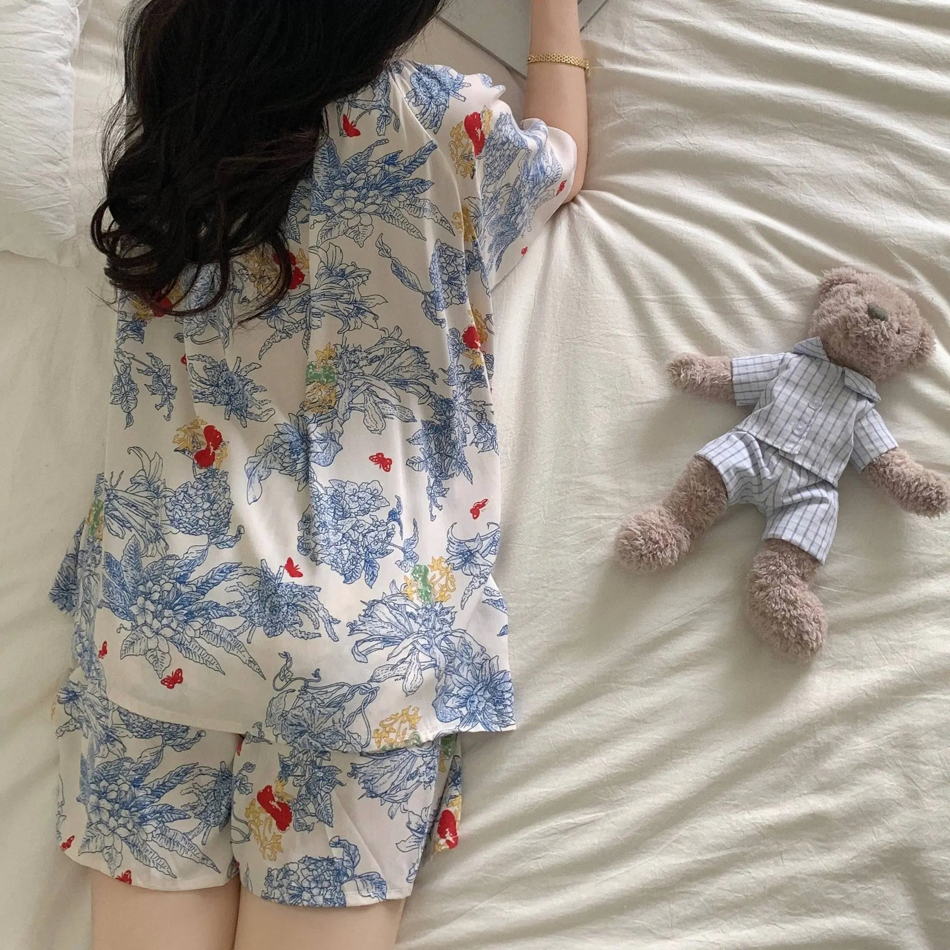 Women’s cotton silk sleep shorts in blue and green with fruit print, Japanese style, lightweight, trendy home and casual wear.