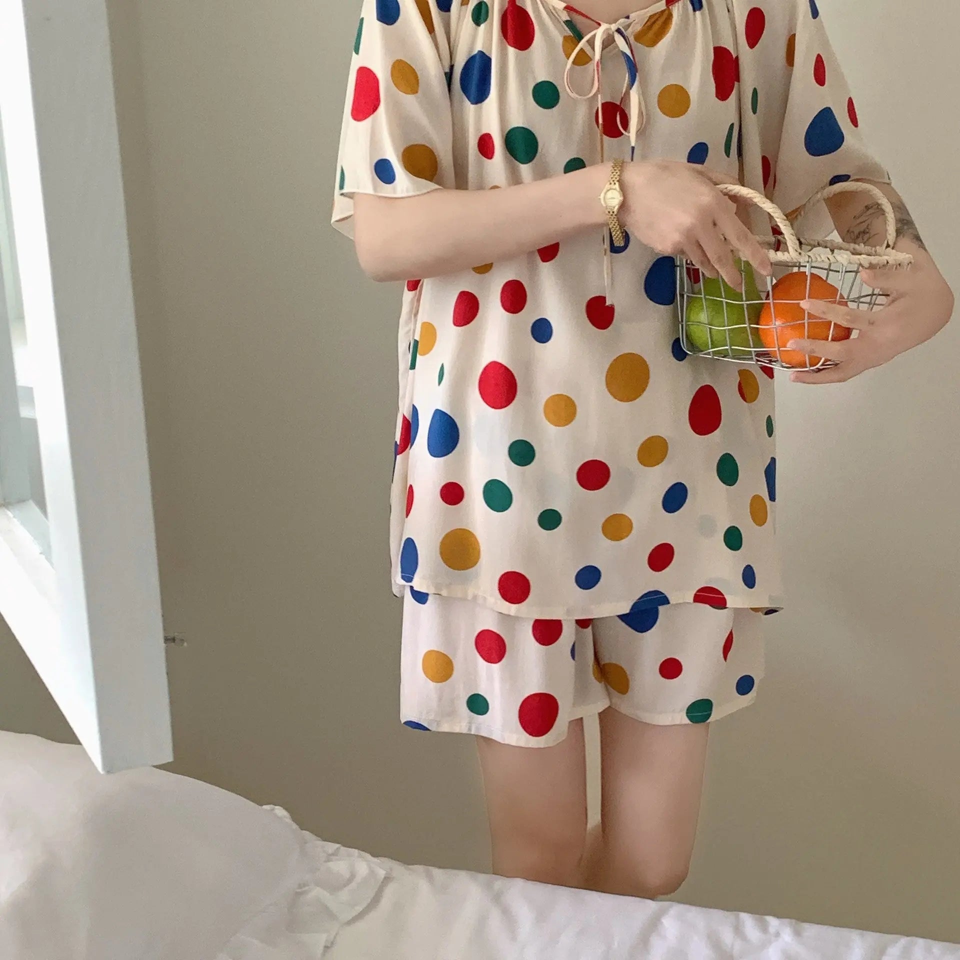 Blue and green cotton silk sleep shorts for women, trendy Japanese style, lightweight, cute home wear, can be worn outside.