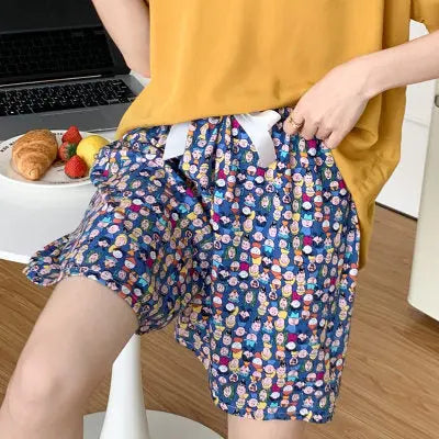 Blue and green cotton silk sleep shorts for women, trendy Japanese-style summer home wear, lightweight and versatile.
