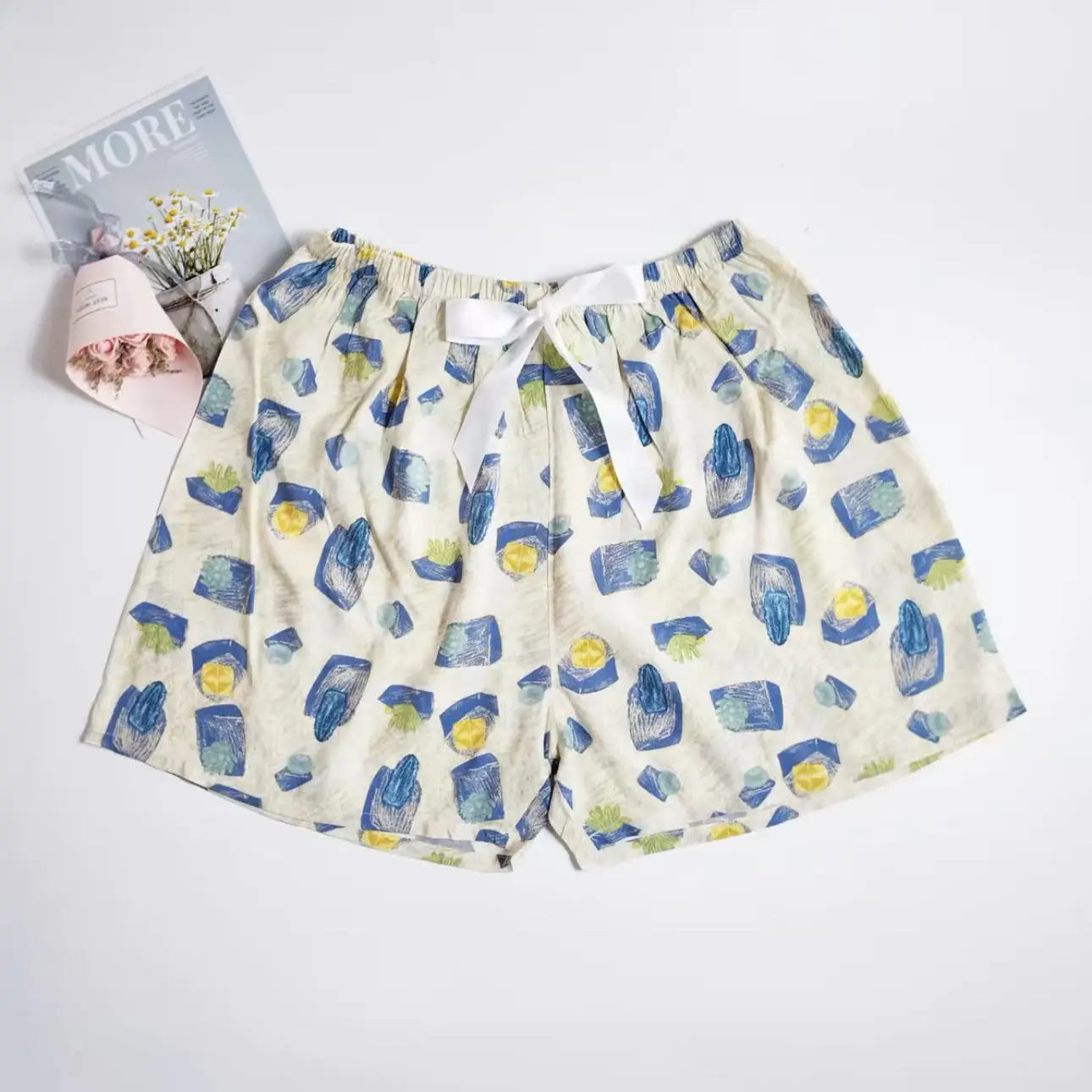 Blue and green cotton silk sleep shorts for women, trendy Japanese style, lightweight, versatile home and outdoor wear by SHOPEZRA L.L.C.