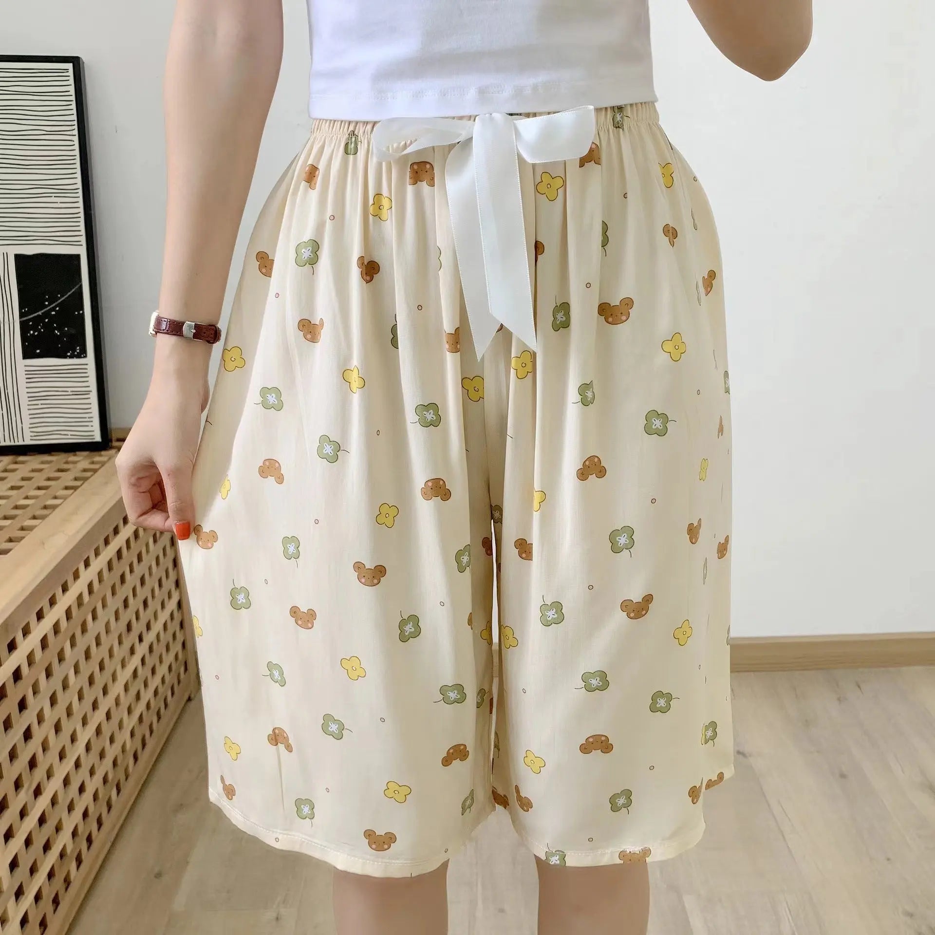 Blue and green cotton silk sleep shorts for women, Japanese style, trendy summer casual wear, featuring fruit pattern and lightweight fabric.